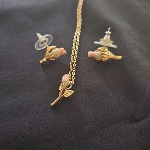 1928 Necklace & Earrings Set Porcelain Pink Rose Bud